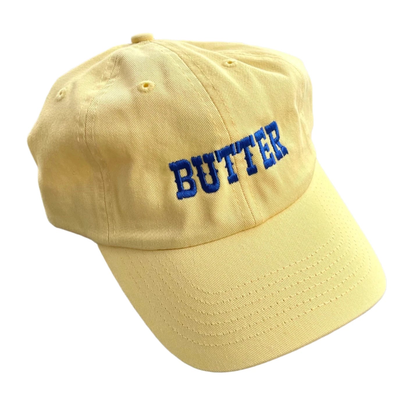 Yellow hat with BUTTER embroidered on front in blue.