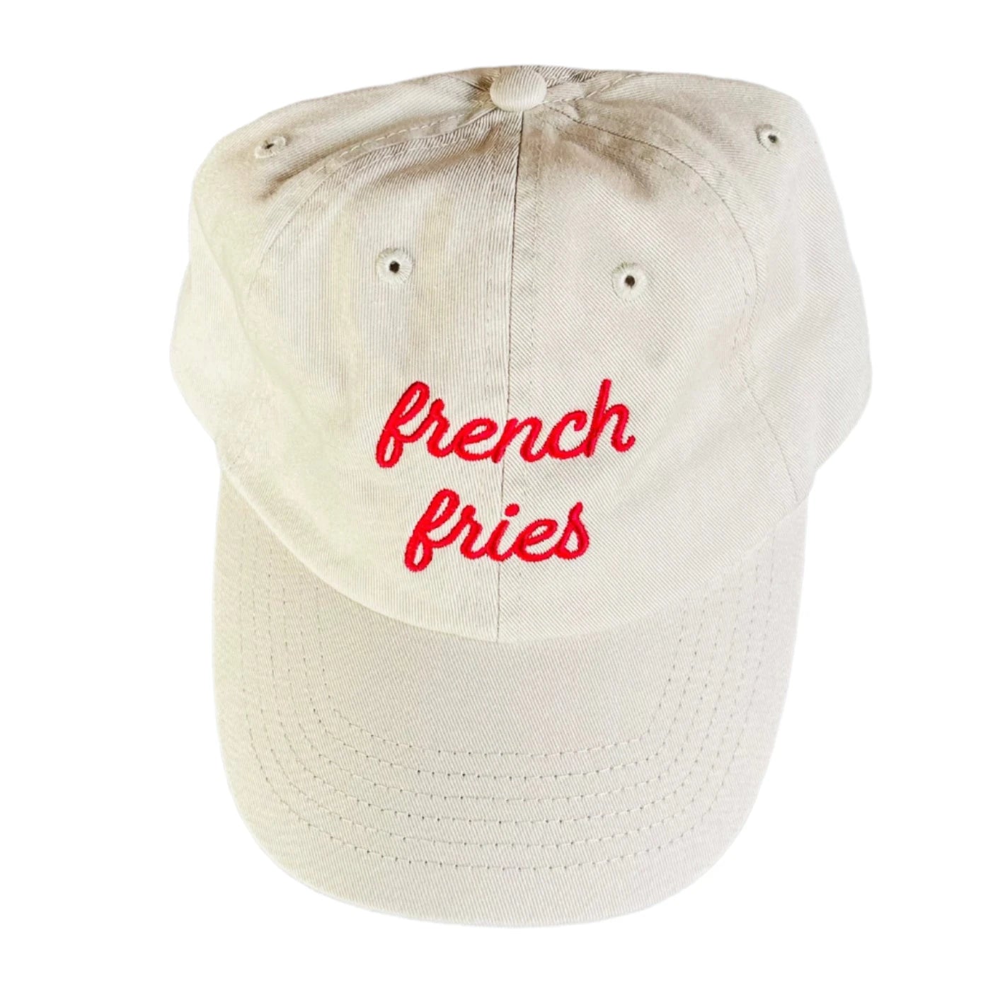 Beige hat with FRENCH FRIES embroidered in red on front.