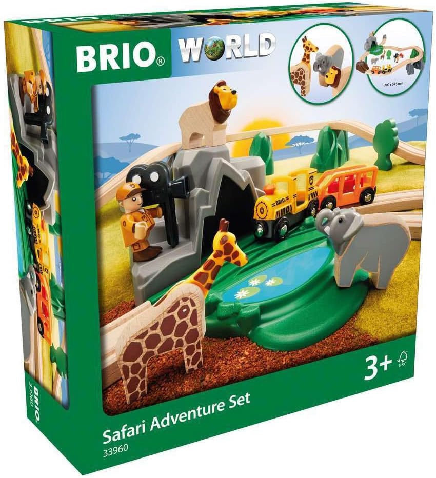 BRIO World Safari Adventure Set packaging with toy train and animals on a white background