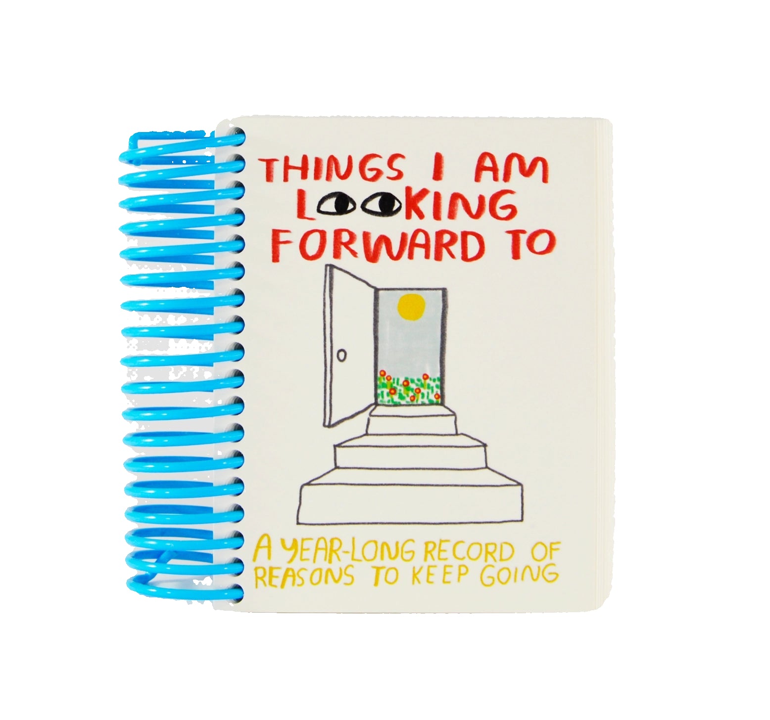 Notebook with blue spiral binding and 'Things I'm Looking Forward To' title on a white background