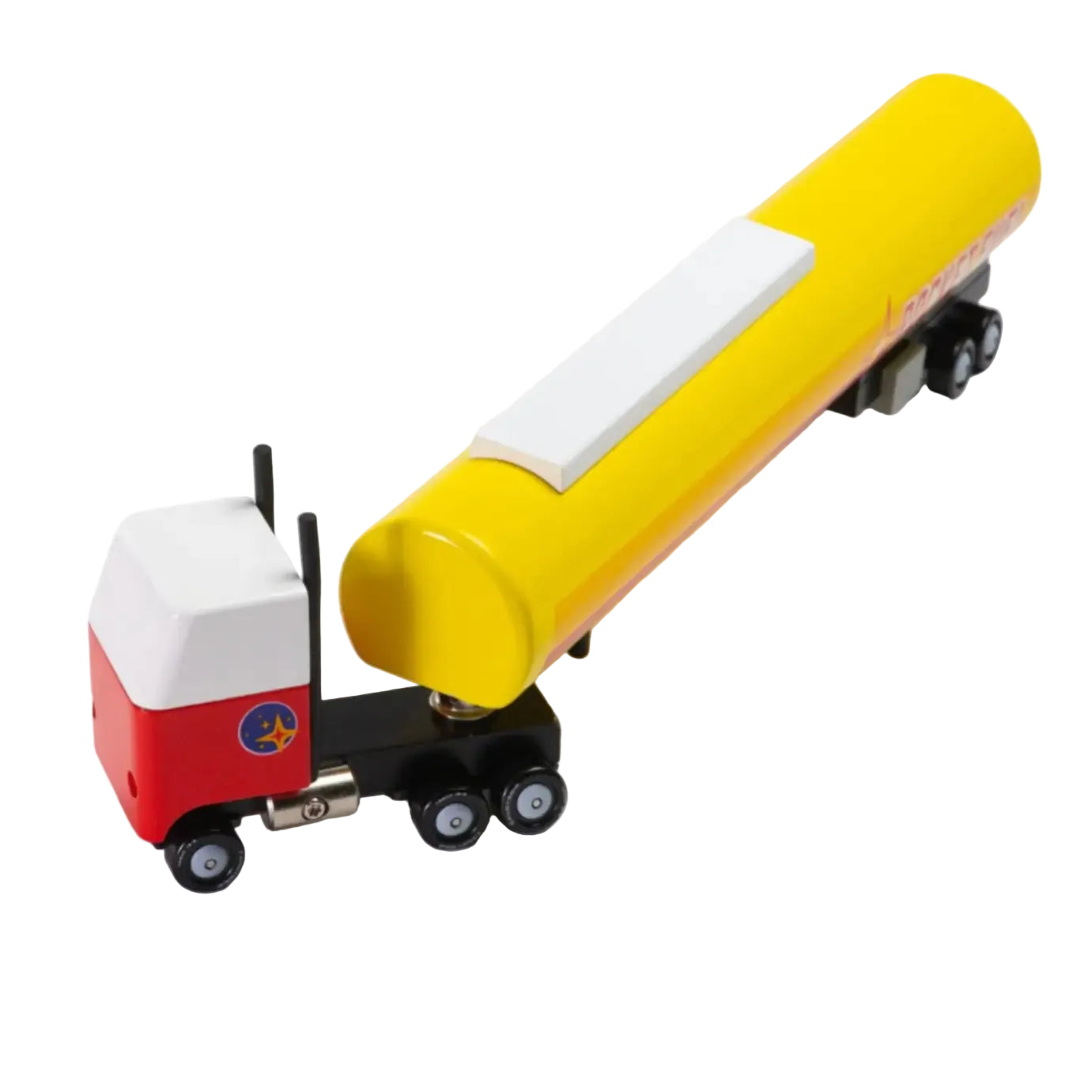 Toy truck with a yellow tank on a white background