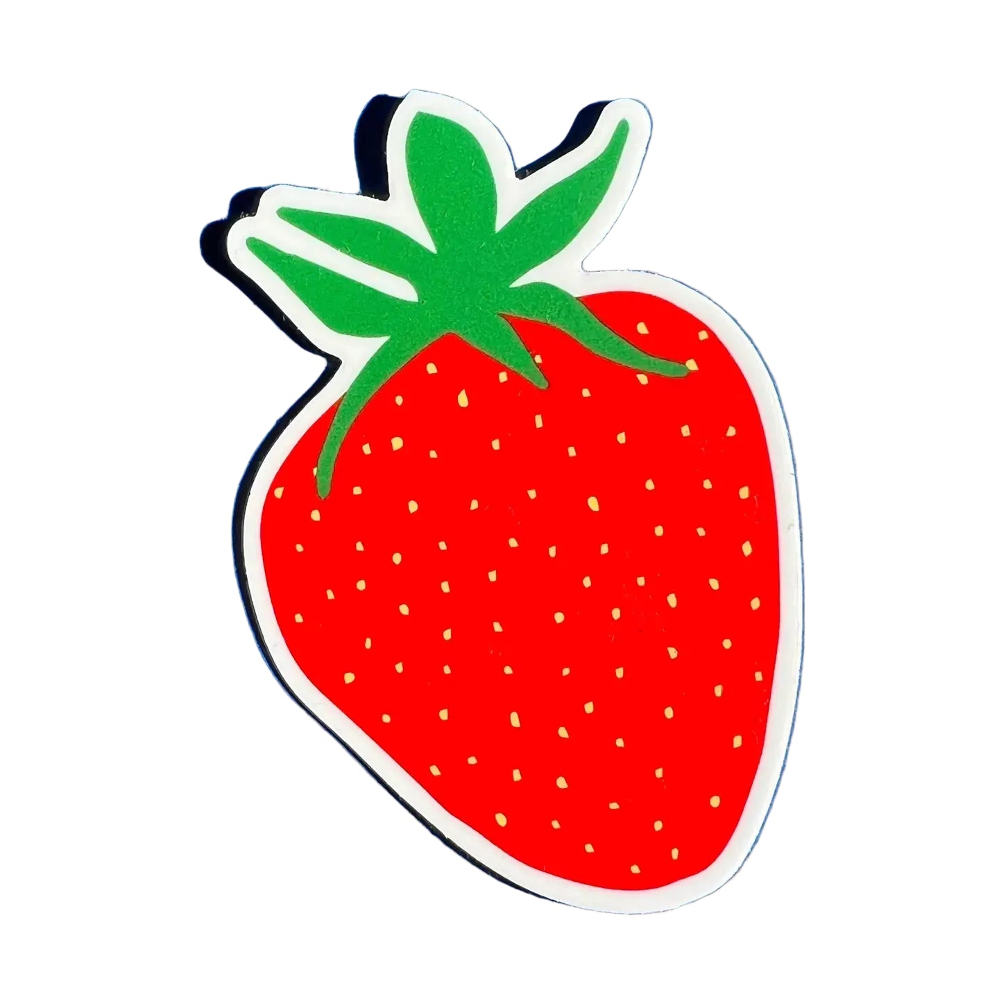 Strawberry-shaped object with green stem on a blue background