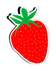 Strawberry-shaped object with green stem on a blue background