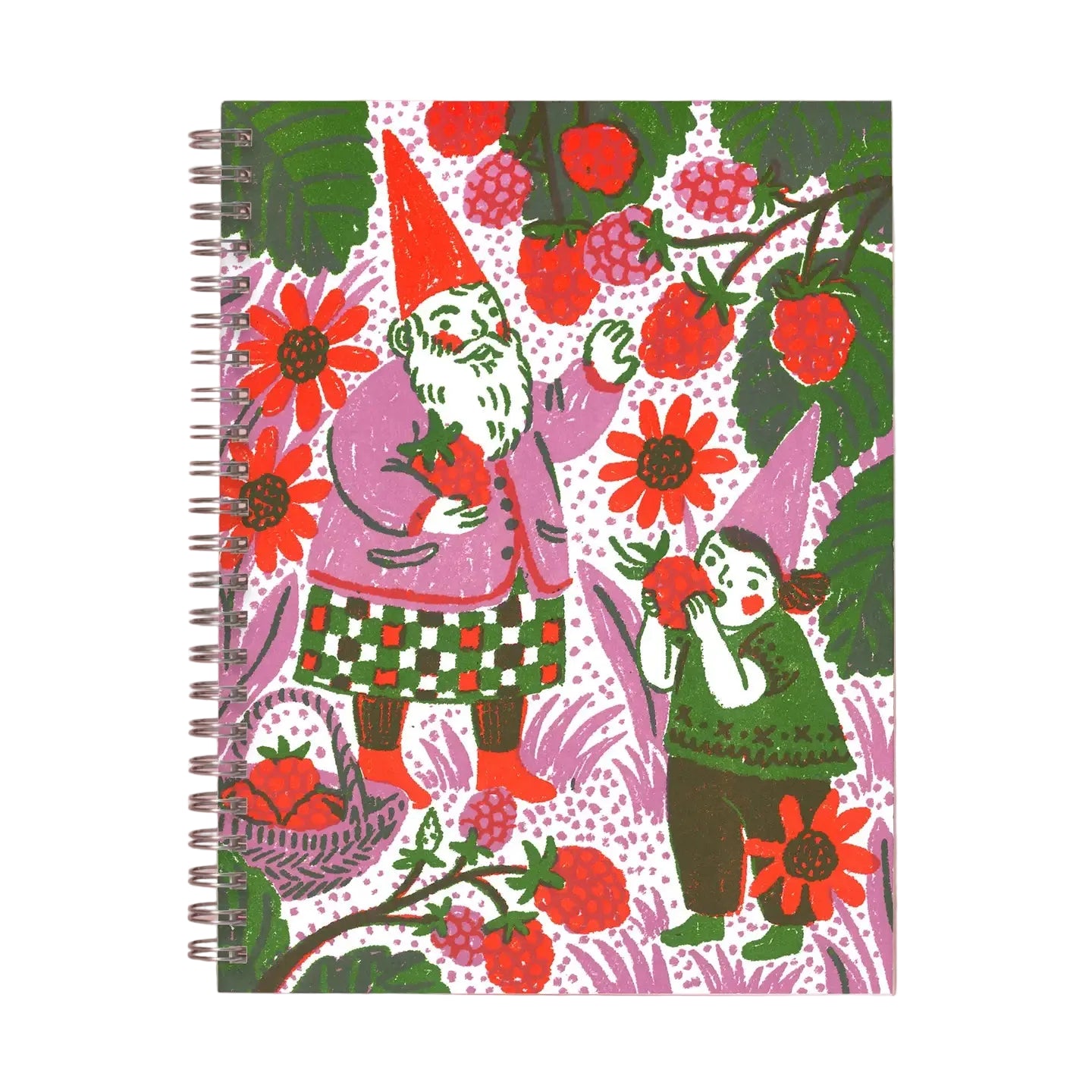 Notebook with a colorful design of gnomes and berries on a pink background
