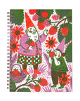 Notebook with a colorful design of gnomes and berries on a pink background