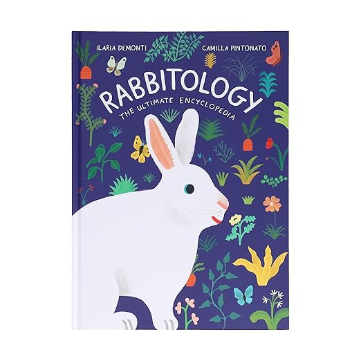 Book cover of 'Rabbitology' with a rabbit illustration and floral design on a purple background