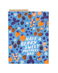 Greeting card with berry pattern and 'Have a berry sweet Mother's Day' text on a blue background.