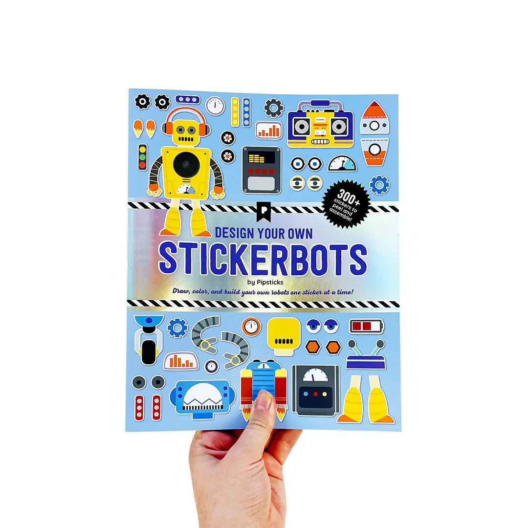 Book titled 'Design Your Own Stickerbots' held by a hand on a white background