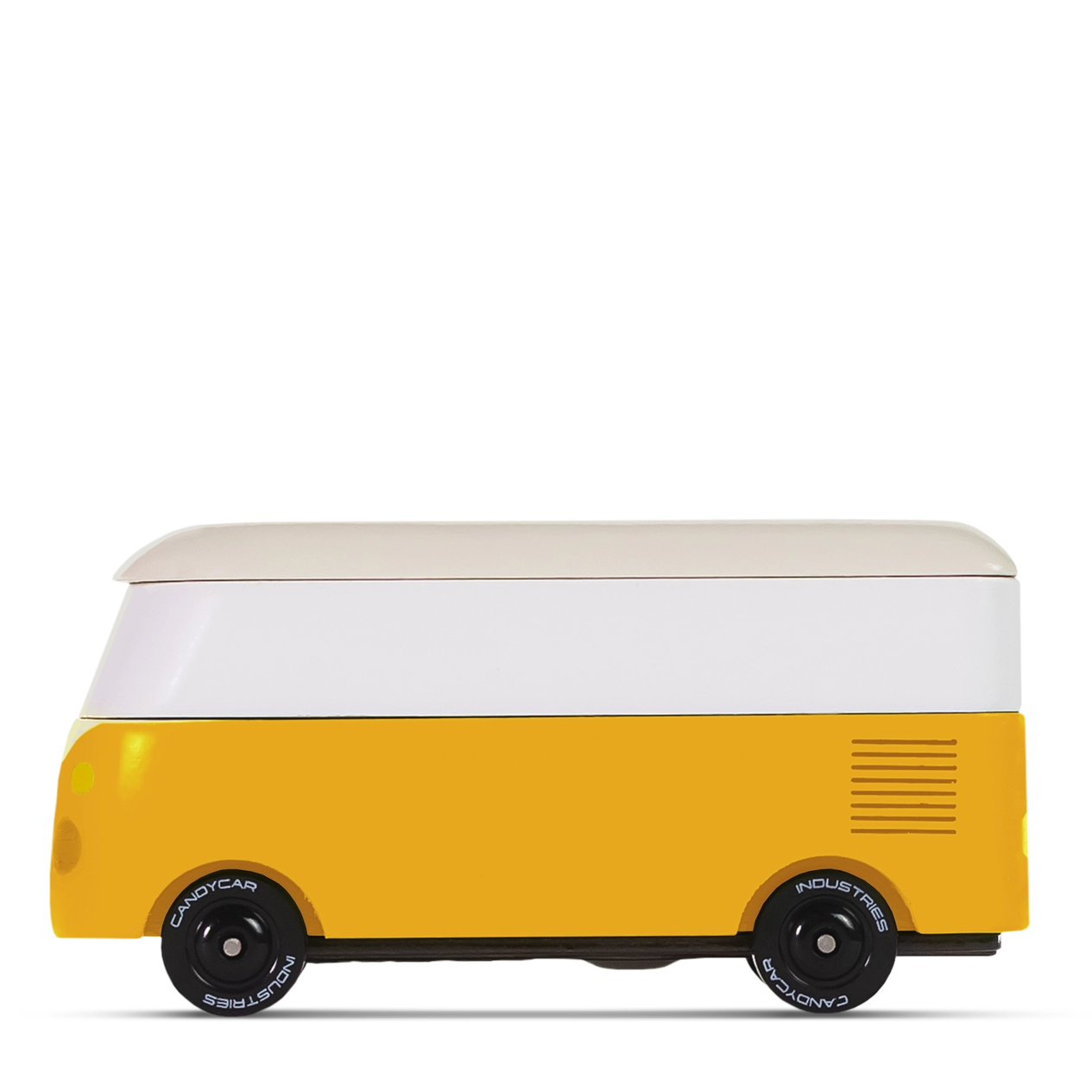 Yellow and white cooler shaped like a vintage van on a white background