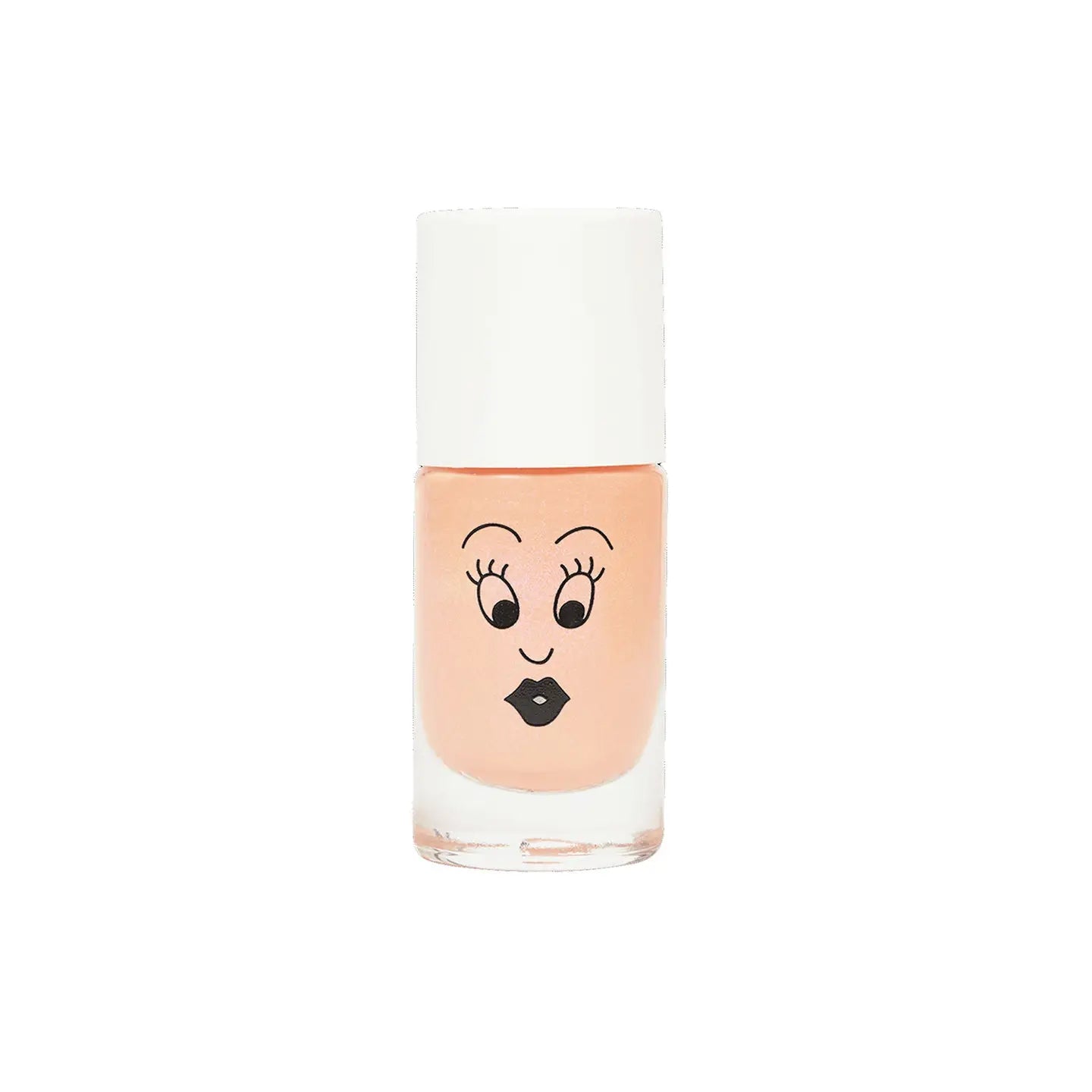 Pale peach nail polish bottle, featuring a face with eyelashes and black, puckered lips on the glass portion of the bottle.