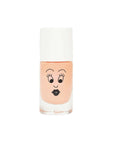 Pale peach nail polish bottle, featuring a face with eyelashes and black, puckered lips on the glass portion of the bottle.