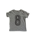 Gray tee screen printed with black number 8.