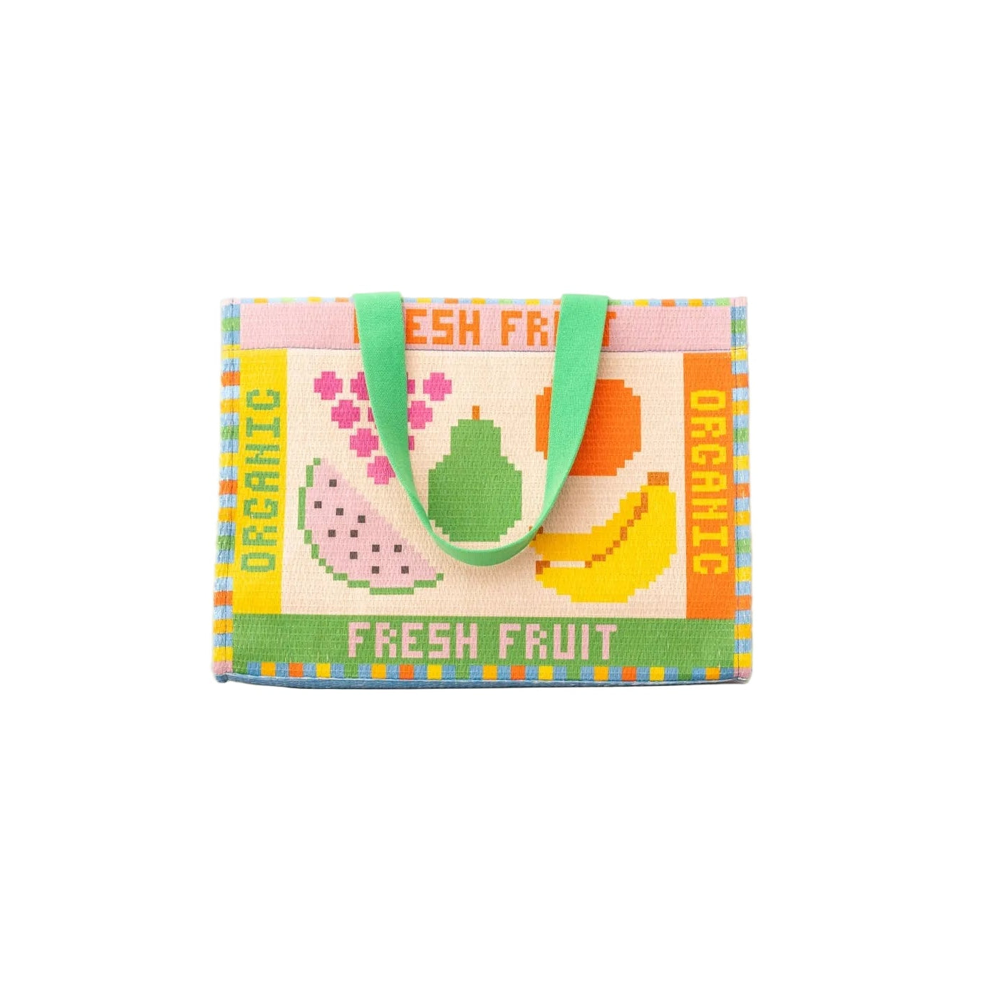 Colorful fruit-themed bag with 'Fresh Fruit' text on a white background