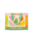 Colorful fruit-themed bag with 'Fresh Fruit' text on a white background