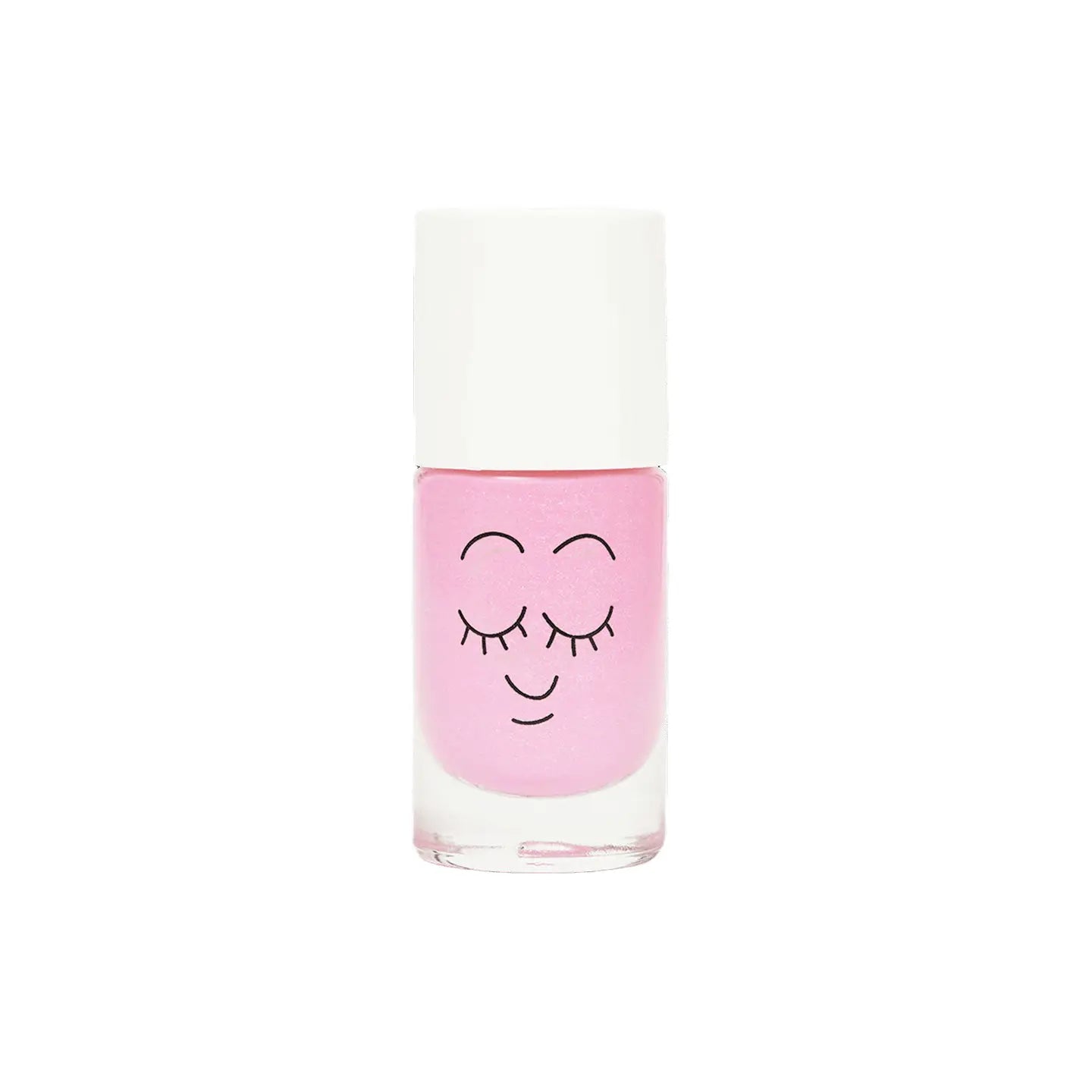Baby pink nail polish featuring a smiley face with closed eyes and thin eyebrows on the glass portion of the bottle.
