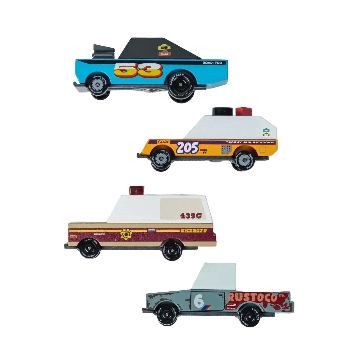 Four toy trucks with different designs and numbers on a light gray background