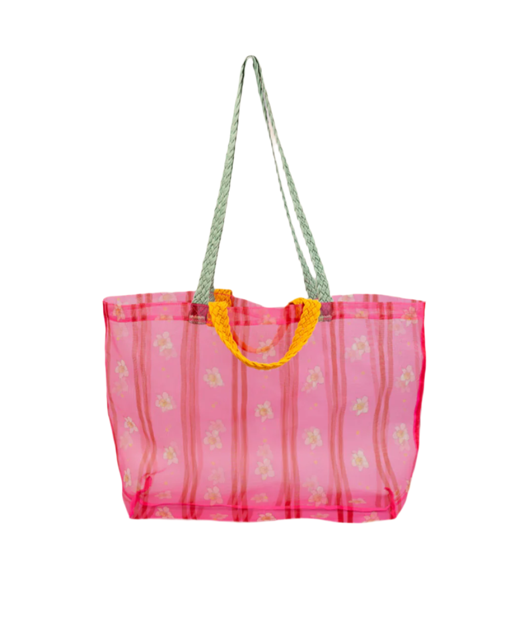 A pink floral stripe mesh market bag with green and orange straps.