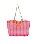 A pink floral stripe mesh market bag with green and orange straps.