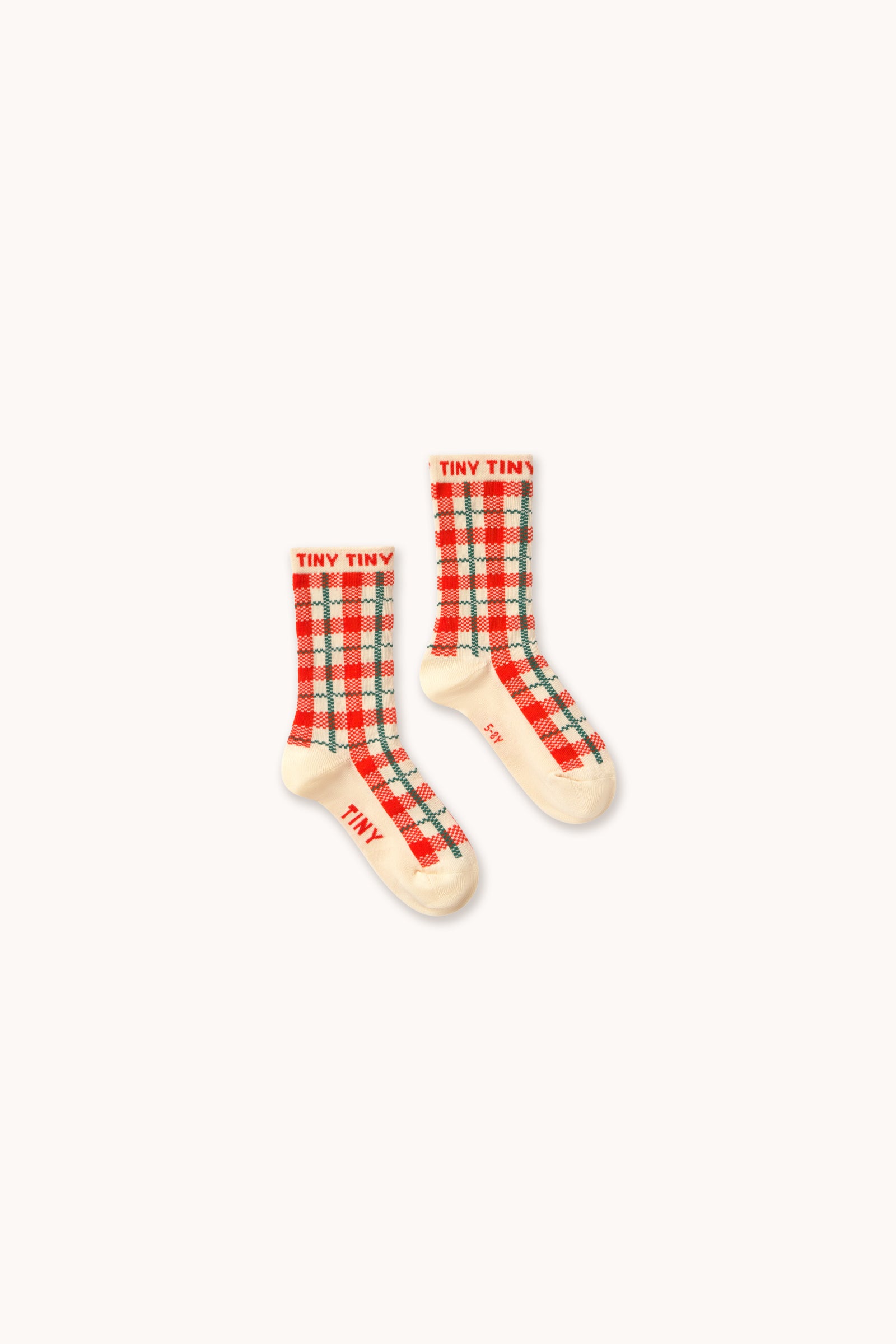 Cream Plaid Medium Length Kids Socks