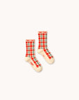 Cream Plaid Medium Length Kids Socks