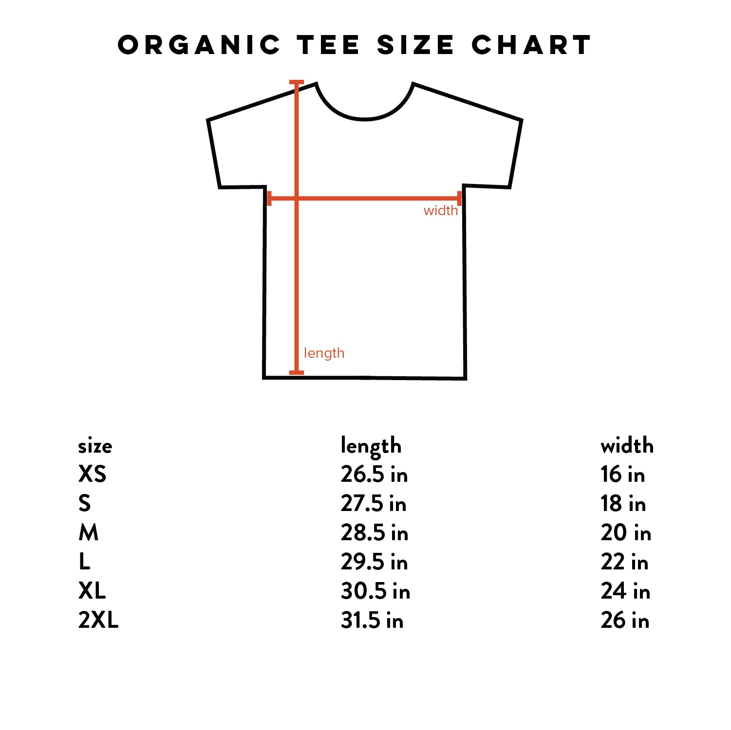 Size chart for organic cotton tee sizes XS to 2XL.