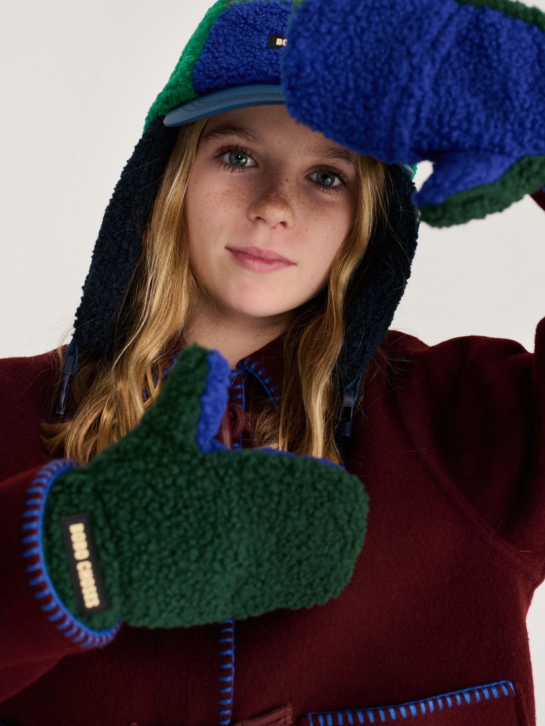 Navy/Green Color Block Sheepskin Mittens