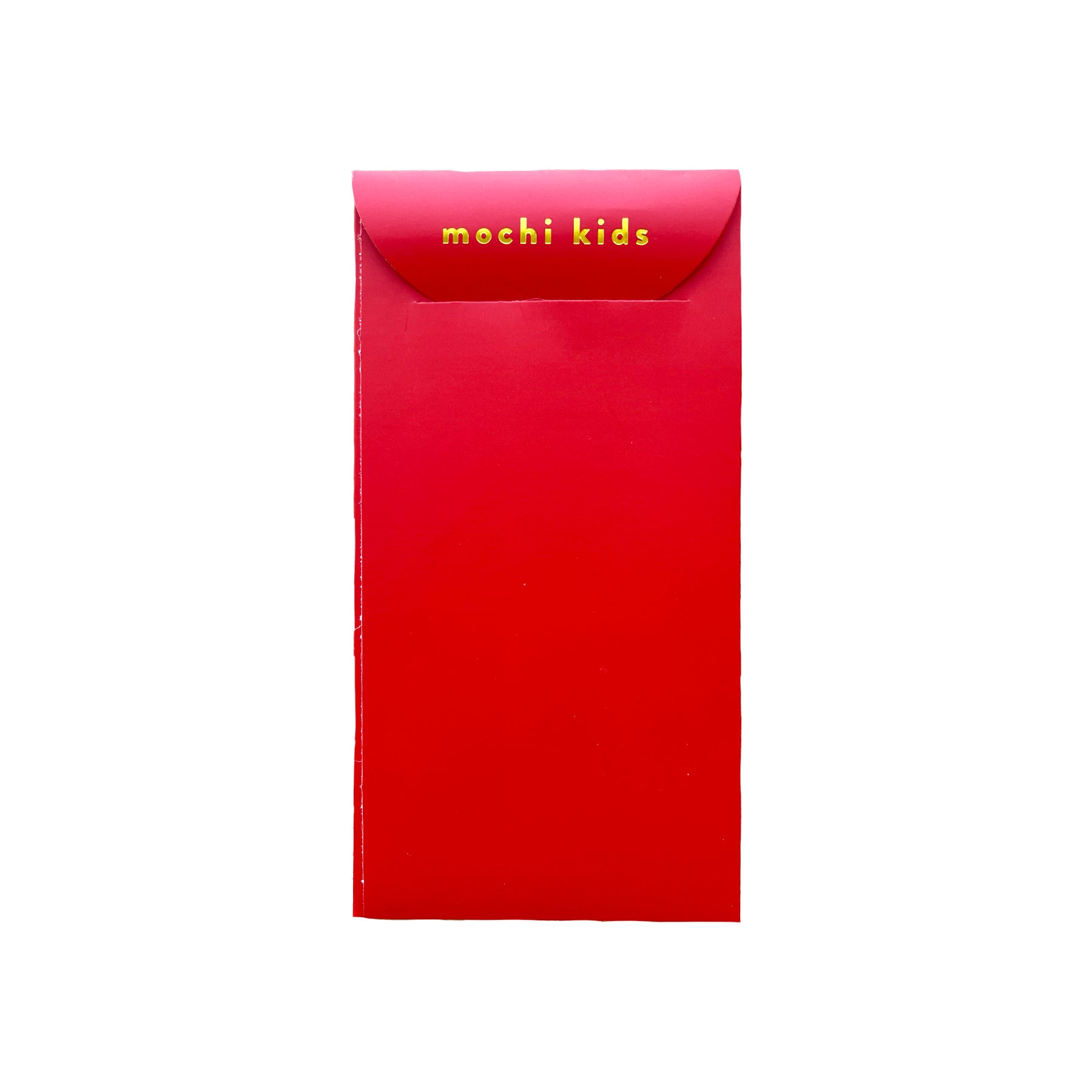 Back of Hóngbāo or Lucky Red Envelope with Mochi Kids in gold text at top.