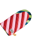 A vibrant oven mitt with red and pink diagonal stripes