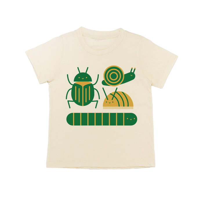White tee with Green and Yellow Bugs: Snail, Beetle, Worm, Rollie Pollie. 