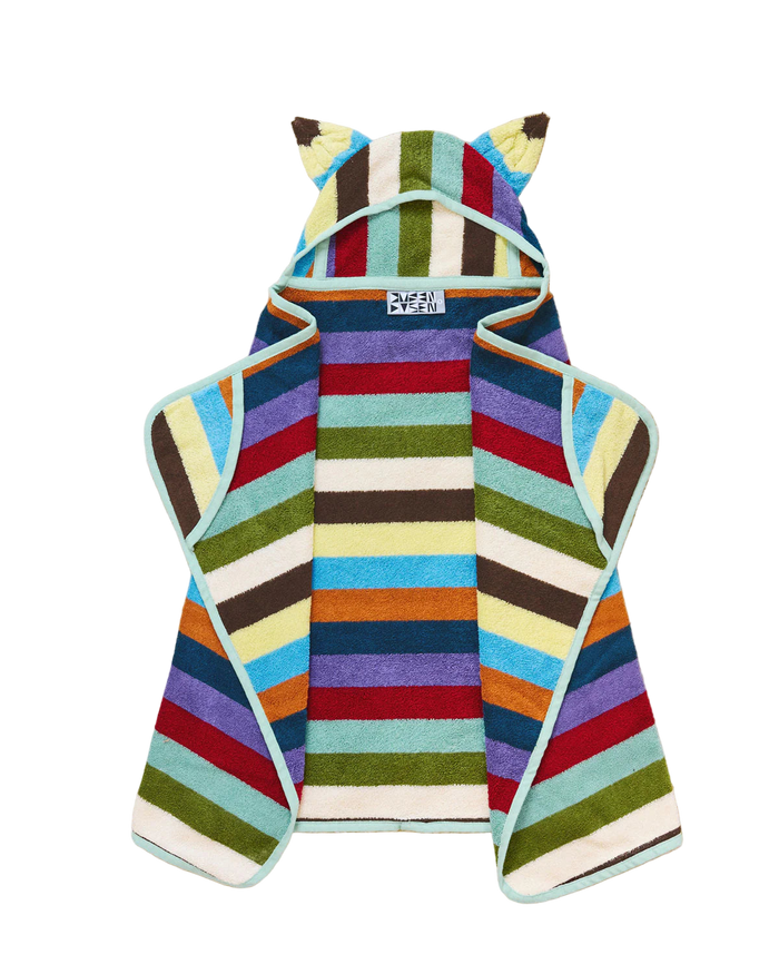 Colorful striped baby robe with a hood.