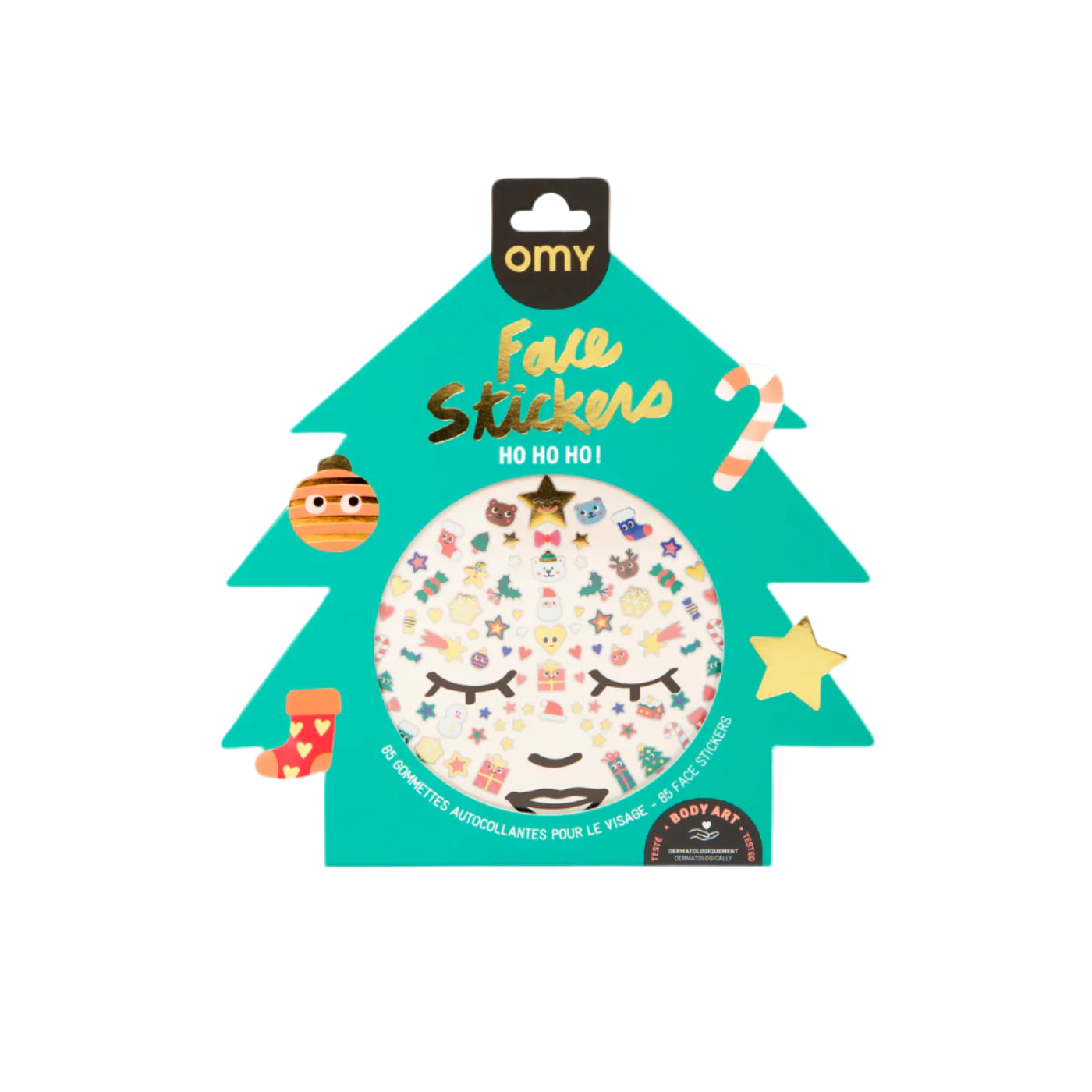 Packaging of OMY Ho Ho Ho! face stickers with a Christmas tree design.
