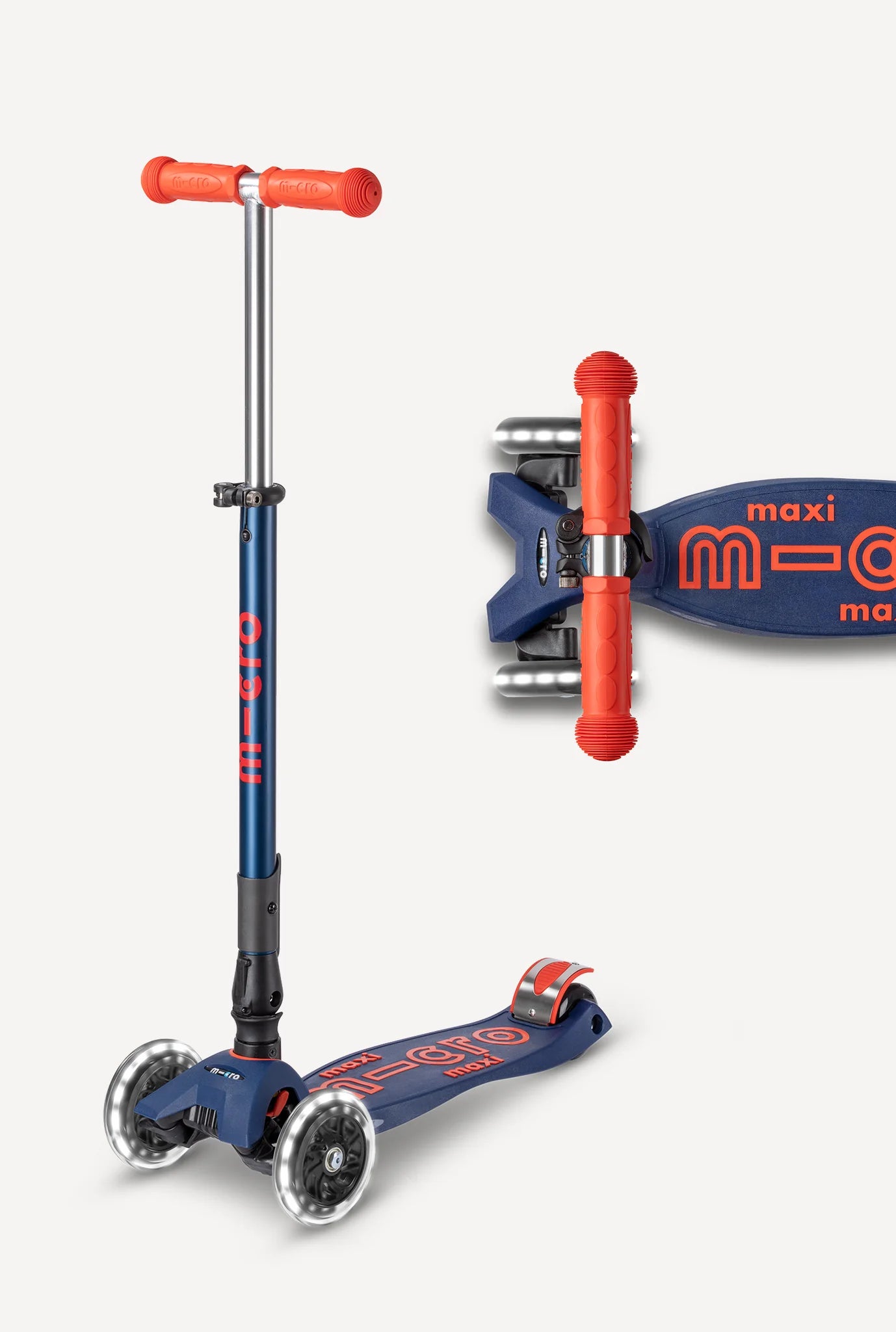 Navy and red orange  three wheeled scooter with telescoping handlebars with light up wheels.