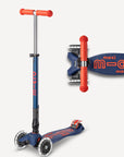 Navy and red orange  three wheeled scooter with telescoping handlebars with light up wheels.