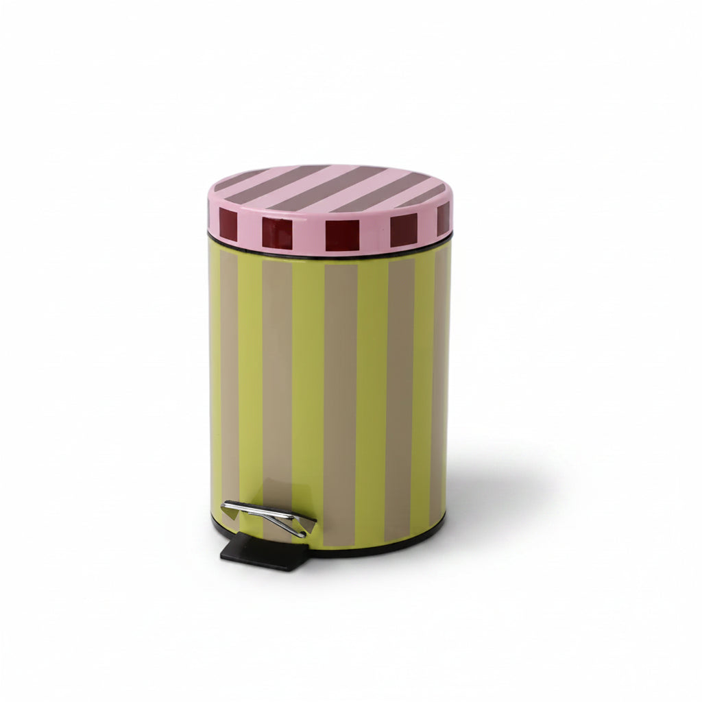 Striped trash can with pink top and green body on a white background