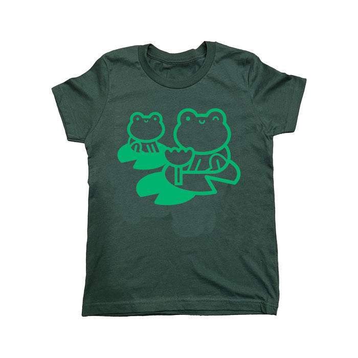 Dark green cotton tee with light green screen print of two frogs on lily pads. 