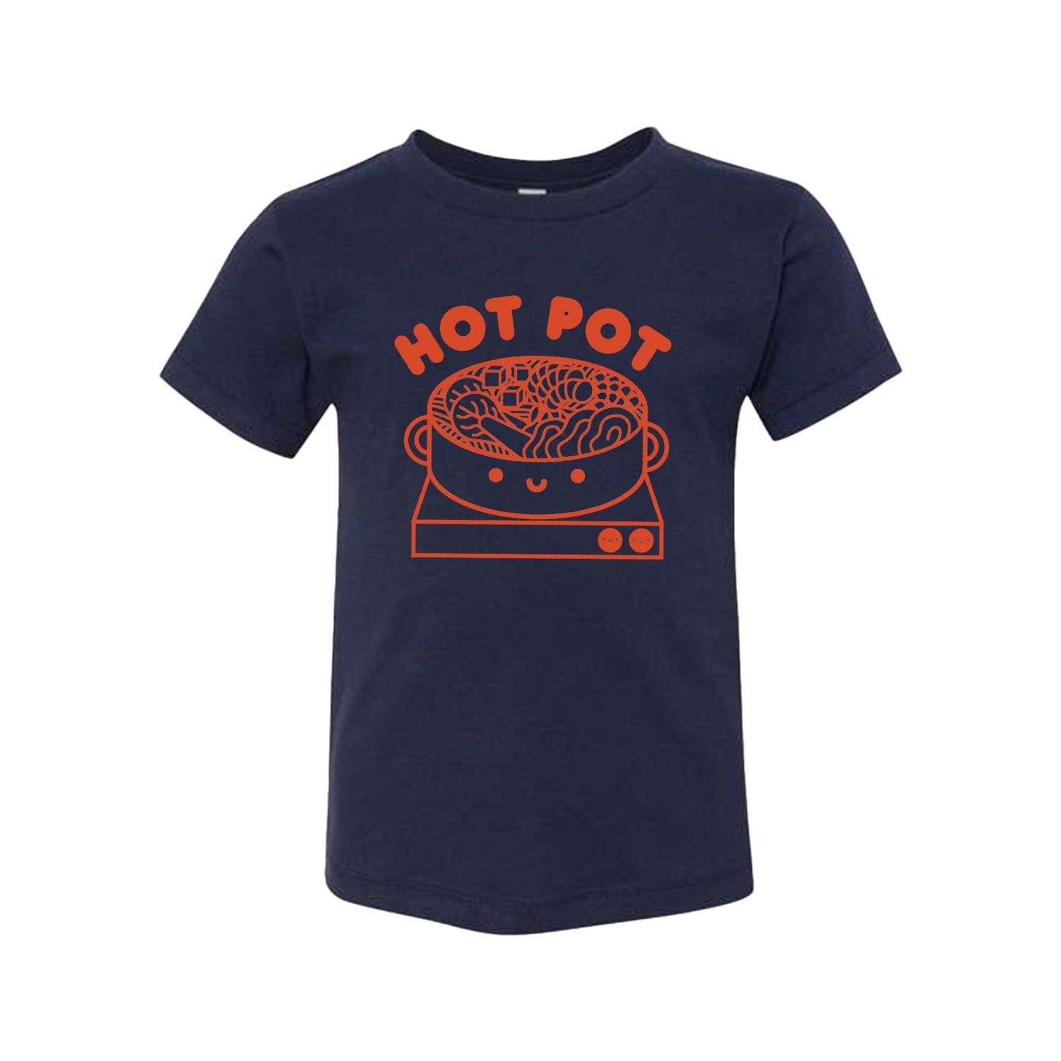 Blue tee shirt with red ink screen print of  hot pot bowl on a burner and the text HOT POT.