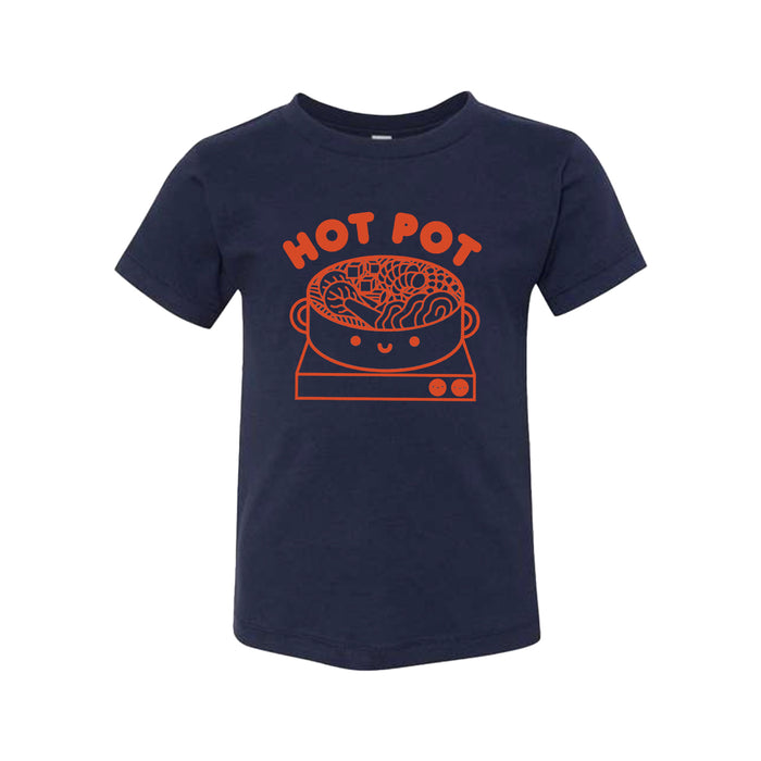 Dark blue tee screen printed with red text reading: "HOT POT" above a smiling bowl of hot pot on a stove in red.