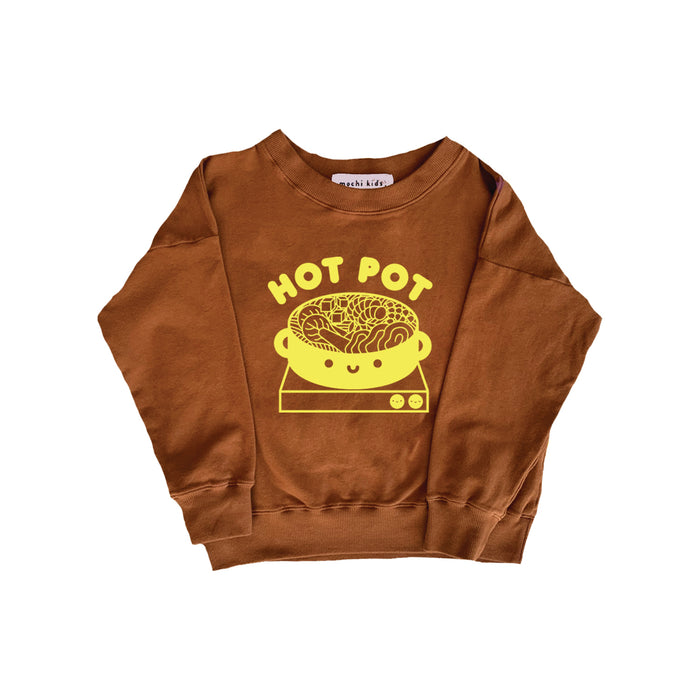 Brown sweatshirt screen printed with a yellow hot pot bowl on a burner and yellow text reading: "HOT POT" above the image.
