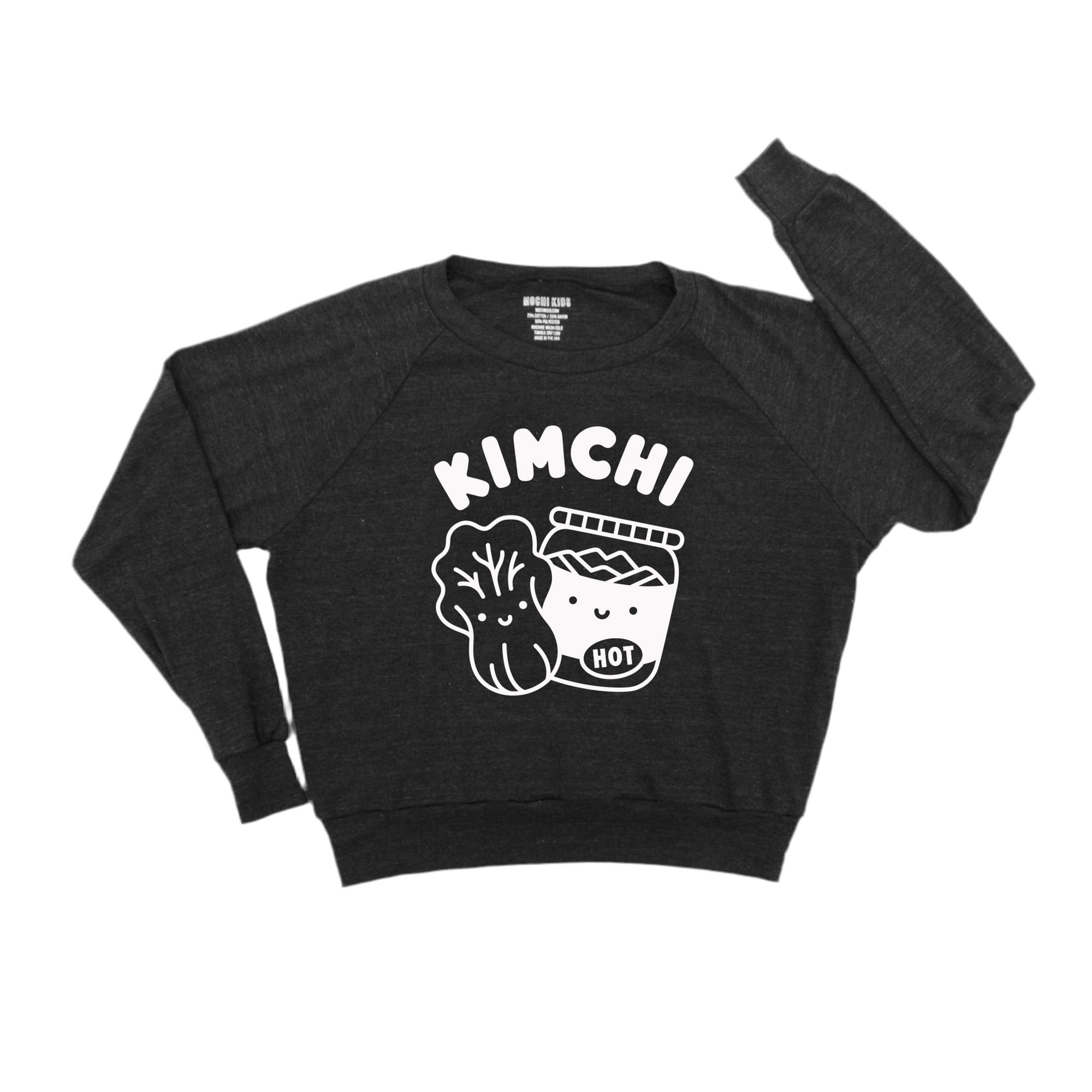 Black long sleeve tee screen printed with white ink, text KIMCHI and cabbage and jar of kimchi, both smiling.