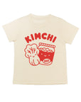White tee screen printed with red ink, text KIMCHI and cabbage and jar of kimchi, both smiling.