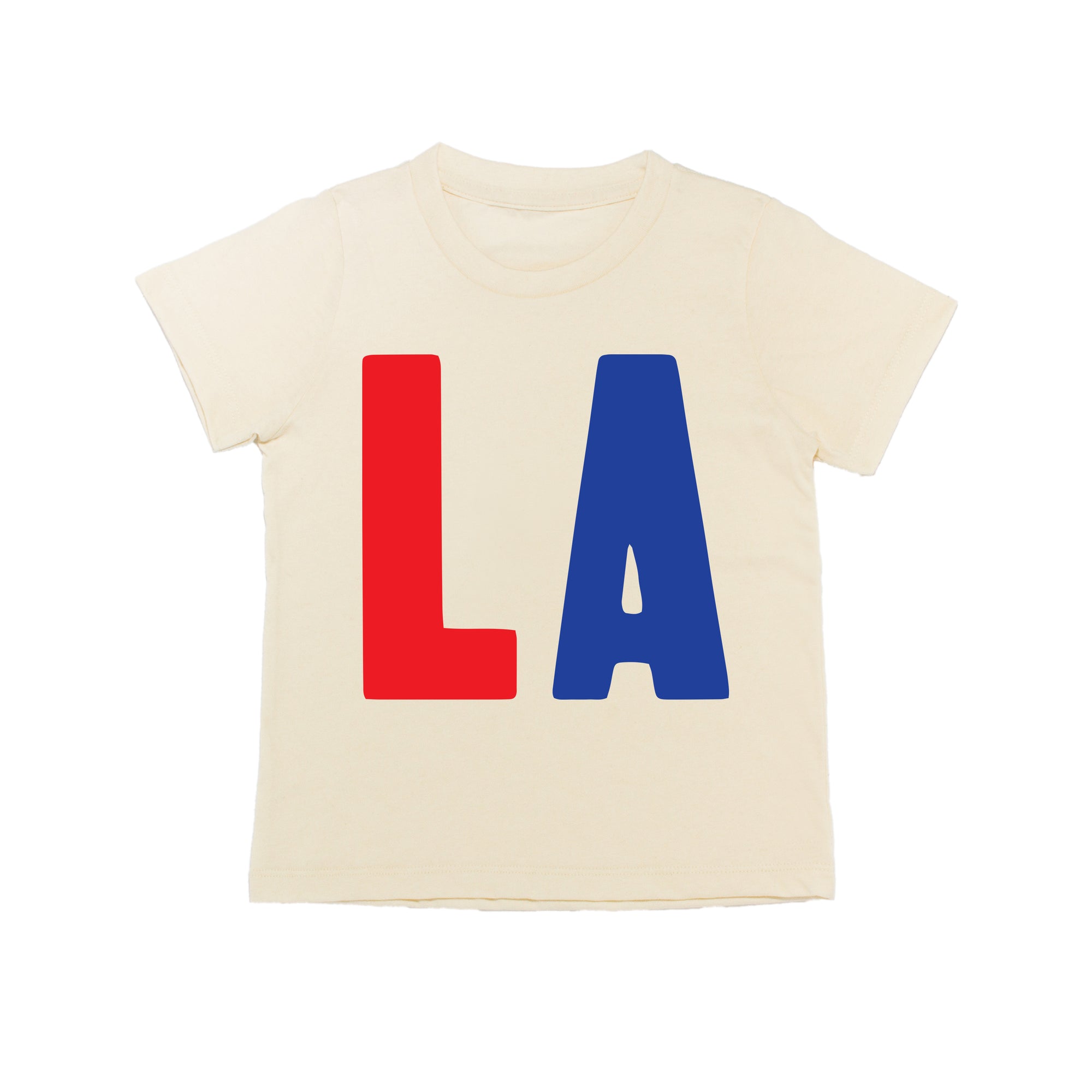 White tee screen printed with red L and blue A.