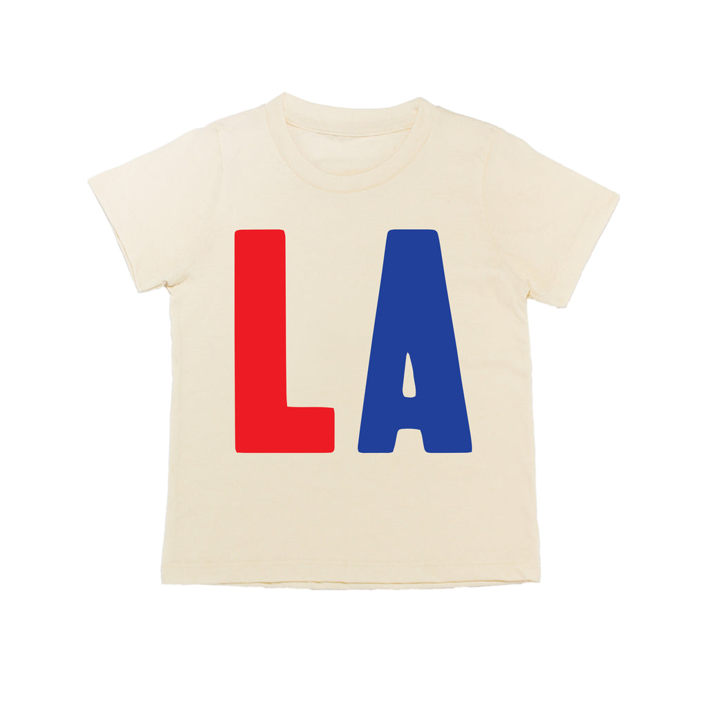 White tee screen printed with red L and blue A.