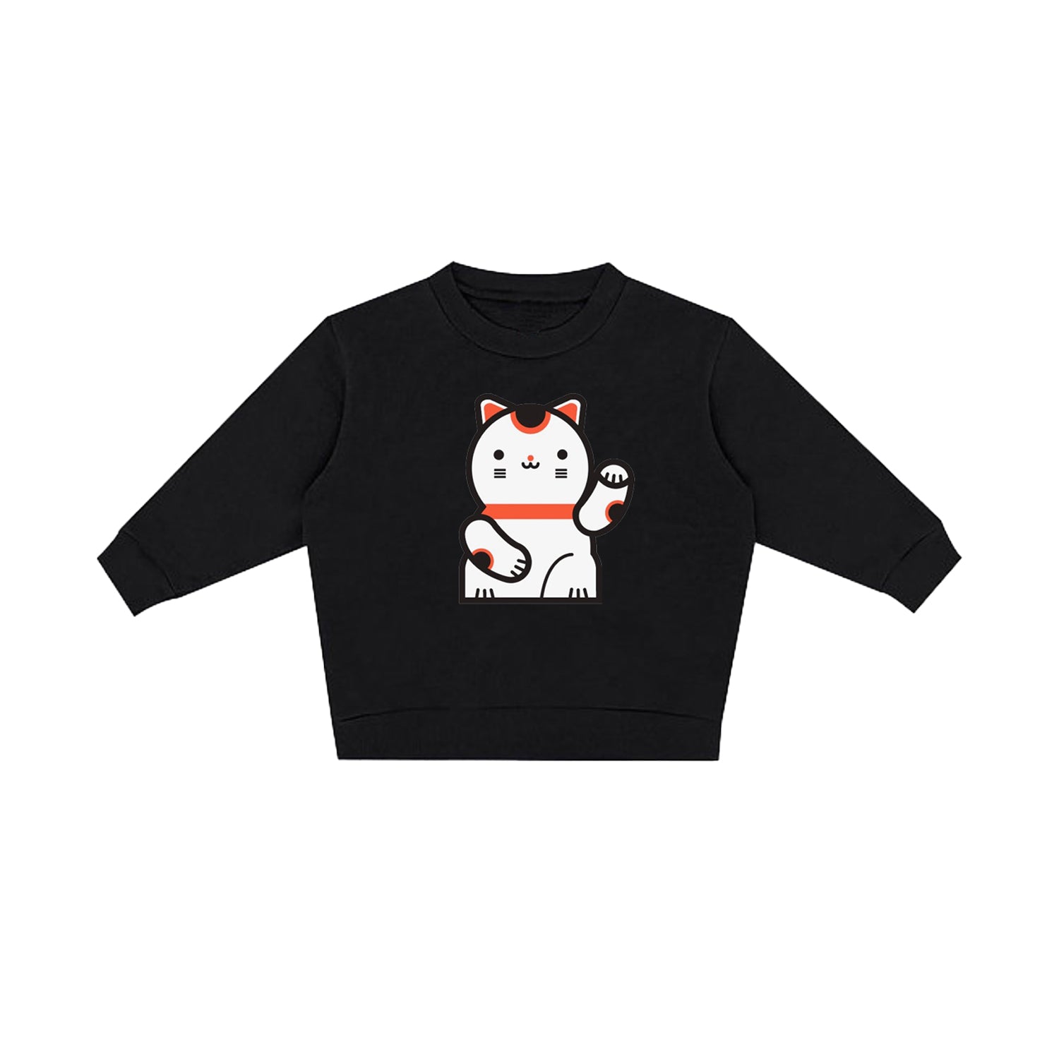 Black sweatshirt with screen print of a red, white and black Maneki-neko or lucky cat. 