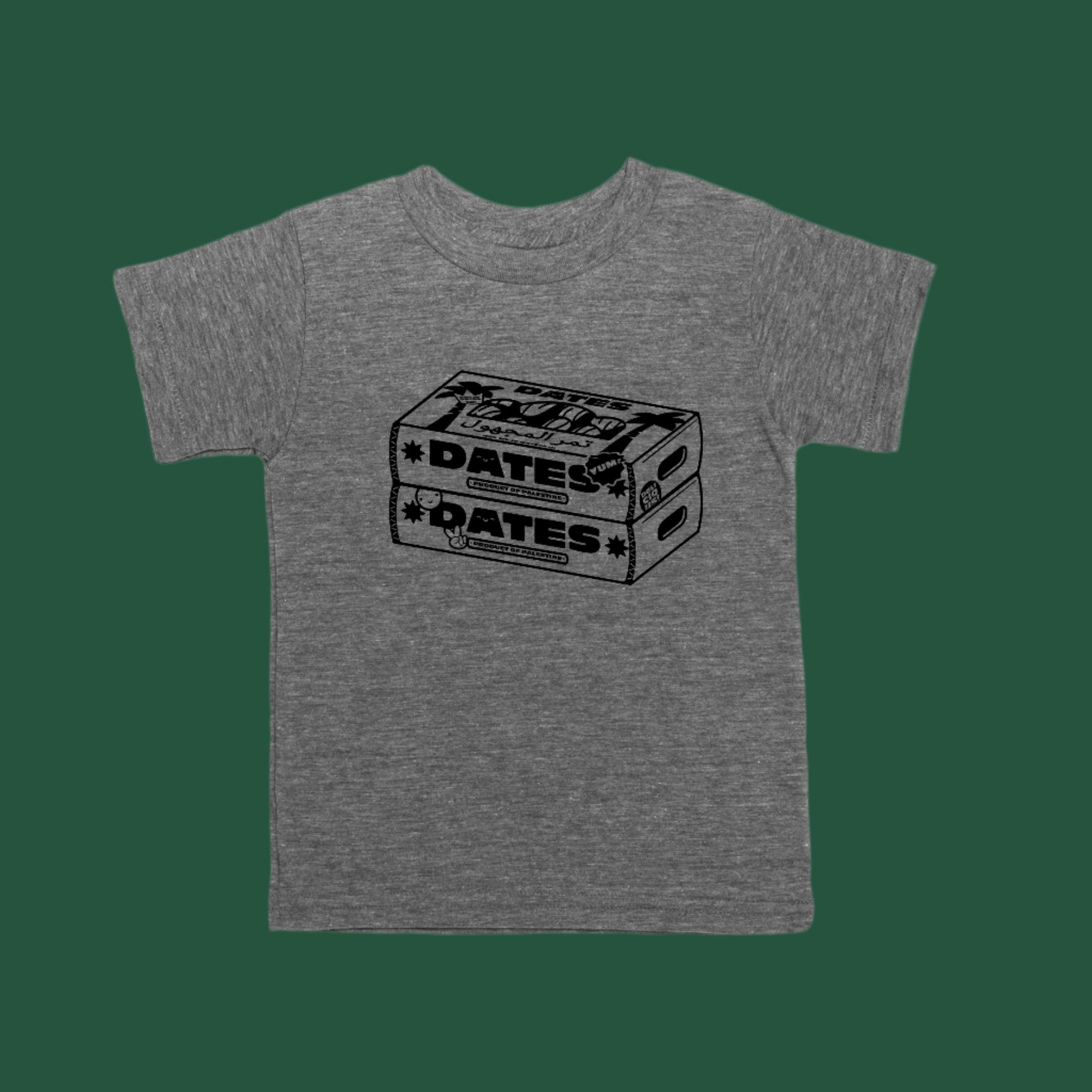 Gray tee with black screen sprint of two boxes of dates with the words Dates, Yum, Made in Palestine on the boxes. 