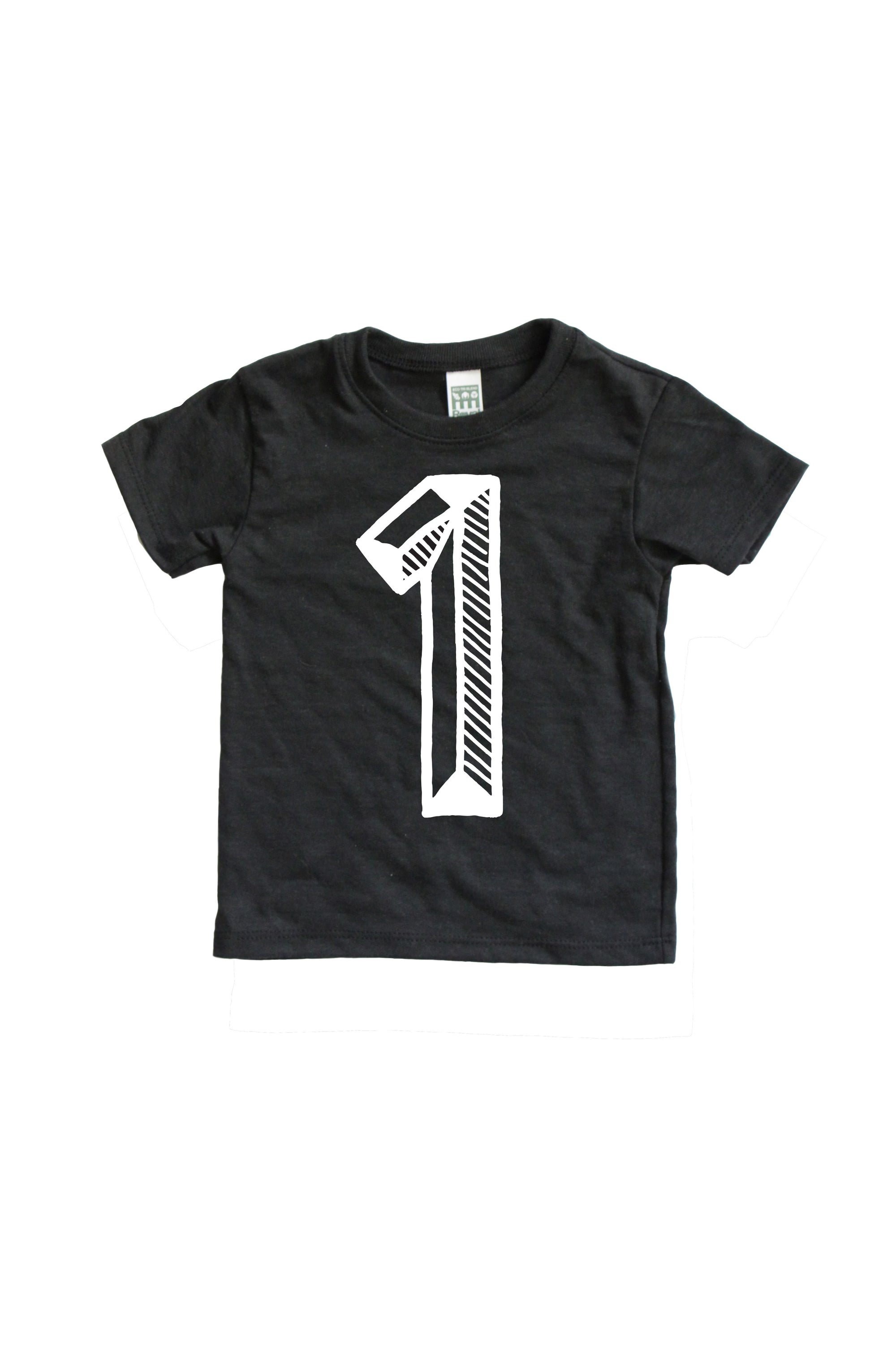 Black tee screen printed with white number 1.