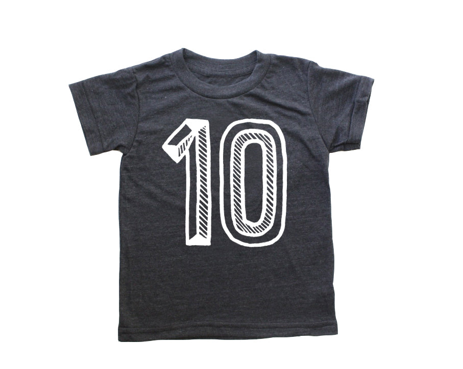 Black tee screen printed with white number 10.