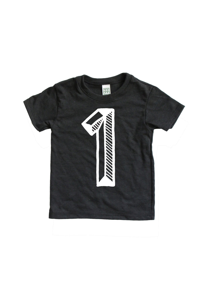 Black tee screen printed with white number 1.