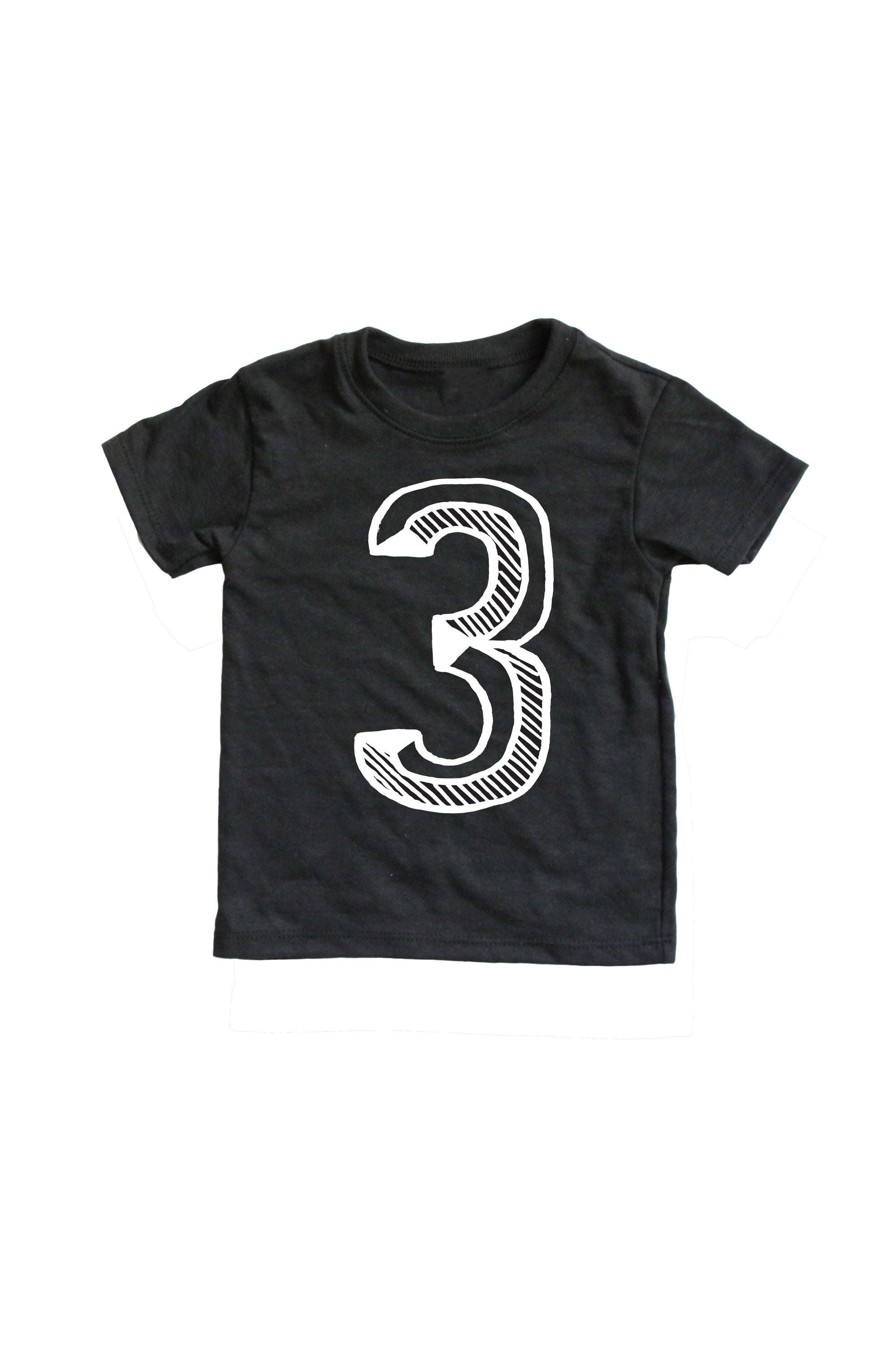 Black tee screen printed with white number 3.