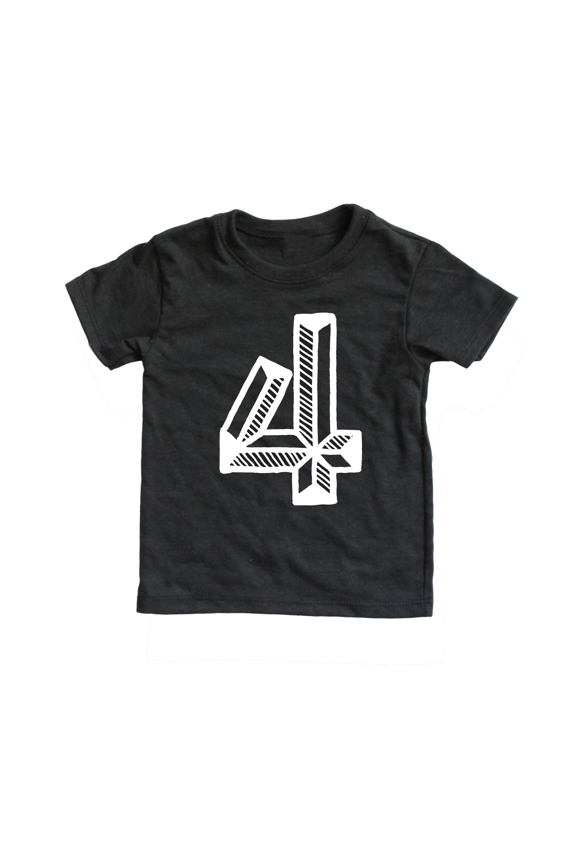 Black tee screen printed with white number 4.