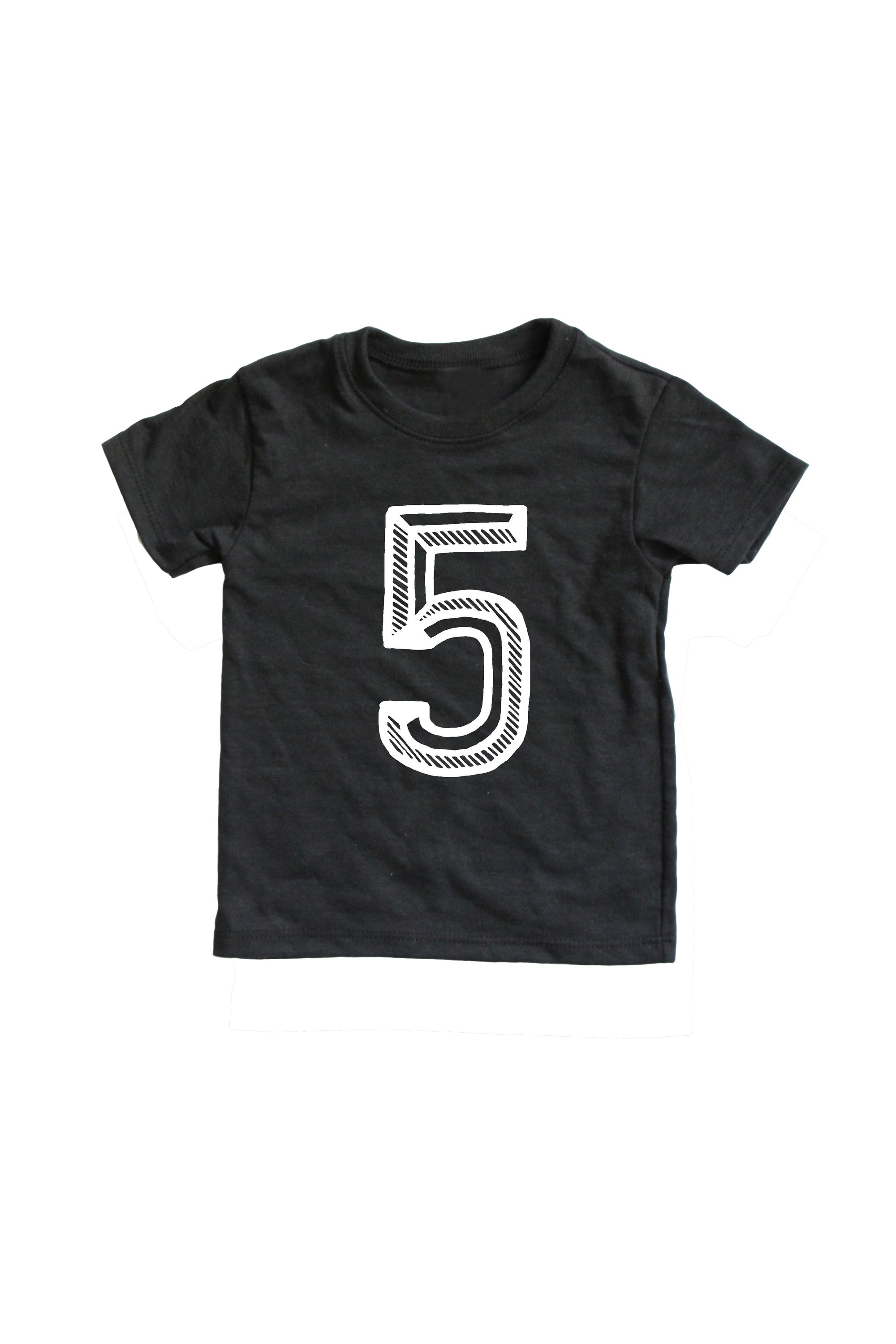 Black tee screen printed with white number 5.